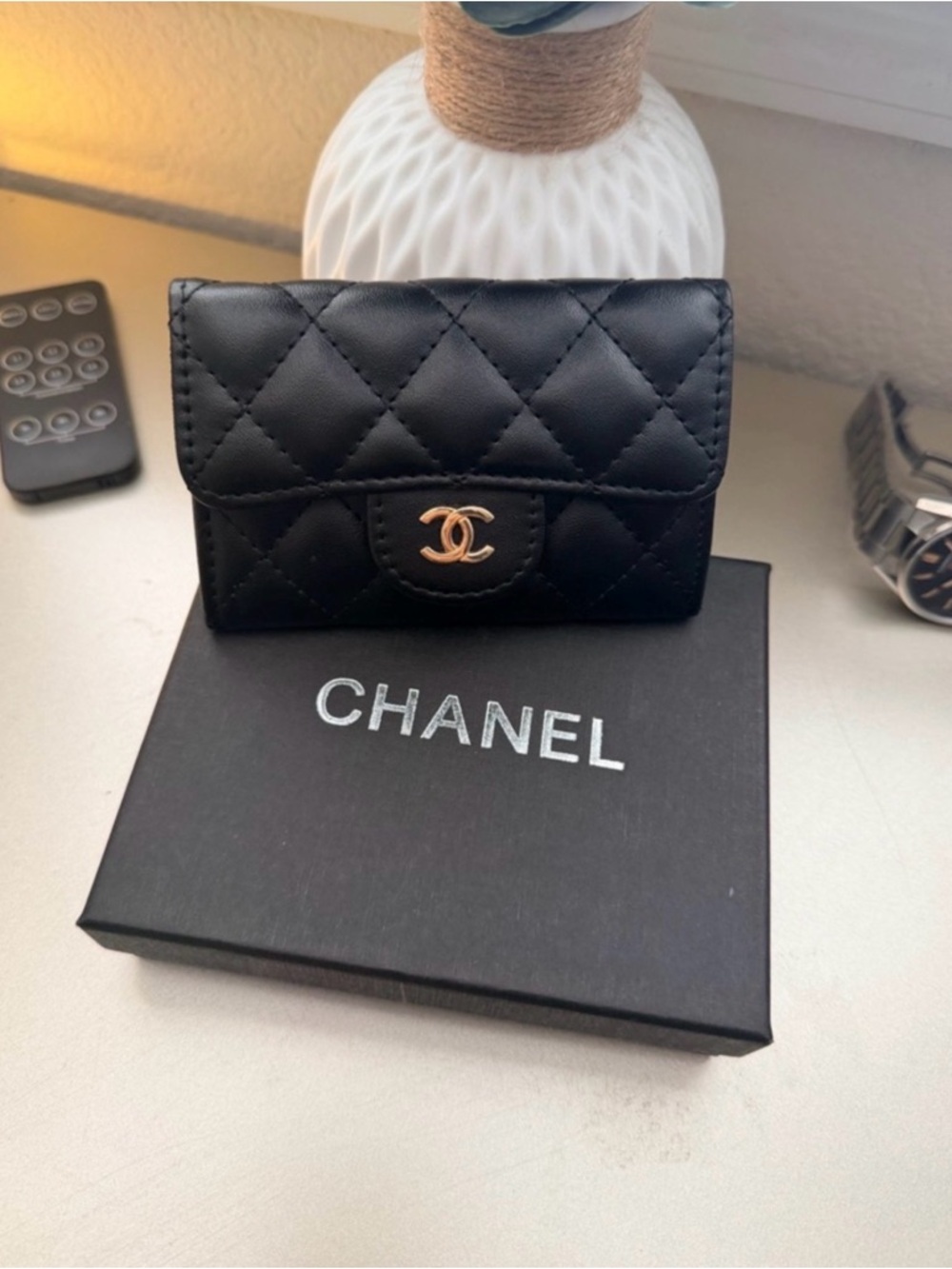 New Quilted Black Leather Card Holder/mini wallet with Gold CC Logo